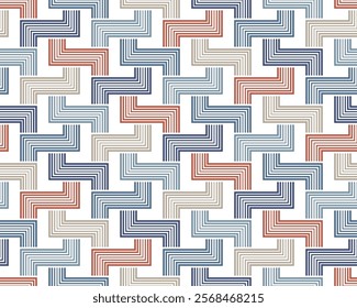 Seamless repeating pattern with an intricate maze of colorful zigzag lines on a white background. Abstract geometric design in a contemporary retro style. Vector illustration.