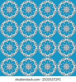 Seamless repeating pattern of intricate white mandalas on blue background. Lacy floral flower feminine details. Elegant, luxurious harmonious and symmetrical design. Eye catching visual impact.