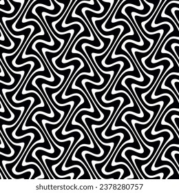 Seamless repeating pattern with irregular black and white wavy stripes. Abstract background. Geometric striped texture. Modern optical style. Vector illustration.