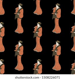 Seamless repeating pattern with Japanese women wearing kimono. Traditional ethnic style.