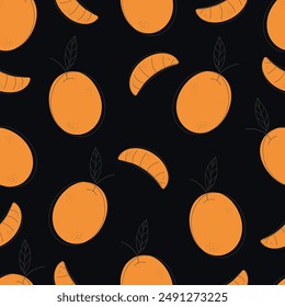 Seamless repeating pattern with juicy oranges in doodle style. Fruit background, banner, wallpaper, wallpaper, textile, fabric