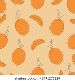 Seamless repeating pattern with juicy oranges in doodle style. Fruit background, banner, wallpaper, wallpaper, textile, fabric