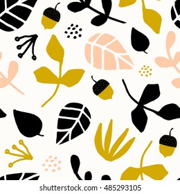 Seamless repeating pattern with leaves, acorns and branches on cream background. Autumn tiling background, poster, textile, greeting card design.