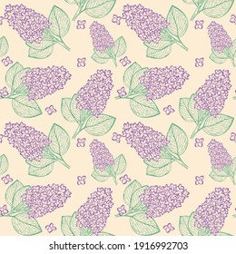 Seamless repeating pattern with lilac branches. Vector, continuous pattern with purple flowers. Background for design.