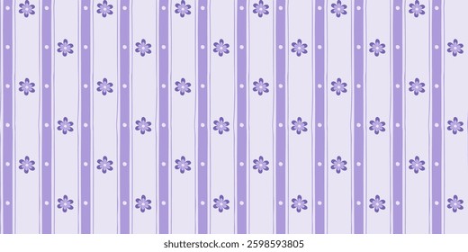 Seamless repeating pattern with lilac flowers on striped background. For textile, fabric, kitchen textile, background, wallpaper. Vector illustration.