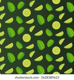 Seamless repeating pattern of limes and mint leaves.