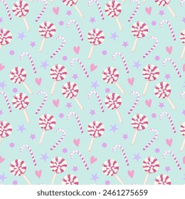 Seamless repeating pattern of lollipops and candy canes. Vector Pattern for festive wrapping paper or for fabrics.