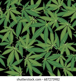 seamless repeating pattern with marijuana leaves in green colors on black background