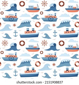 Seamless repeating pattern of marine, steamboat, waves and fishing boat. Vector objects in cartoon style