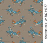 Seamless repeating pattern with medieval knights riding horses. Illuminated manuscript design. On gray background.