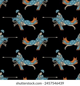 Seamless repeating pattern with medieval knights riding horses. Illuminated manuscript design. On black background.