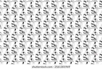 A seamless repeating pattern of microscopes with a white background, emphasizing medical, scientific, and laboratory equipment. Clean, minimalistic, and professional design.