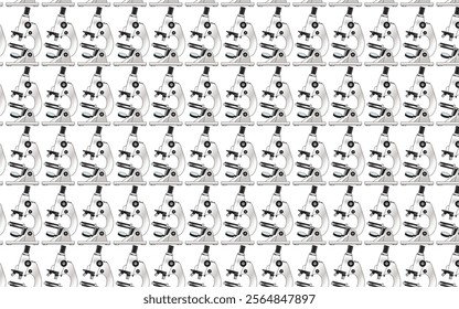 A seamless repeating pattern of microscopes with a white background, emphasizing medical, scientific, and laboratory equipment. Clean, minimalistic, and professional design.