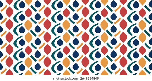 A seamless, repeating pattern with a mid-century modern aesthetic, showcasing a balanced arrangement of colorful abstract shapes on a white background.