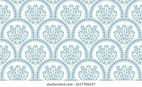 Seamless repeating pattern of mosaic flowers in art deco style white background.
