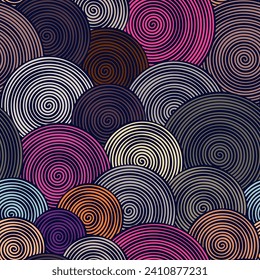 Seamless repeating pattern with multicolored circles, spirals, and swirls. Abstract geometric background. Modern style design. Vector illustration.