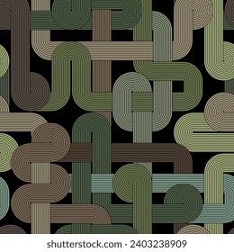 Seamless repeating pattern. Multicolored geometric labyrinth with interlaced striped lines in black, green, and brown. Abstract background. Vector illustration.