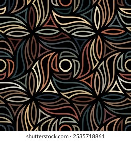 Naadloos herhalend patroon met veelkleurige geometrische golvende vormen op een zwarte achtergrond. Modern abstract design. Decoratieve vectorafbeelding.