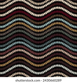 Seamless repeating pattern with multicolored horizontal wavy lines with jagged edges. Wool knit effect. Striped geometric abstract background. Vector illustration.