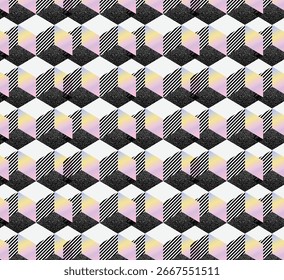 A seamless repeating pattern of multicolored and striped cubes on a black background