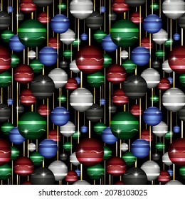 Seamless repeating pattern. A multitude of christmas ornament balls in red, green, blue, white and black. 