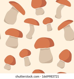 Seamless repeating pattern of mushrooms on beige background