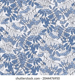Seamless repeating pattern n Toile de Jouy style with rowan tree branches and ashberries. Vector illustration in blue colors on light-colored backgroud for surface design and other design projects