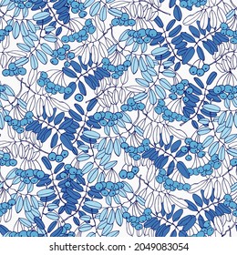 Seamless repeating pattern n Toile de Jouy style with rowan tree branches and ashberries. Vector illustration in blue colors on light-colored backgroud for surface design and other design projects