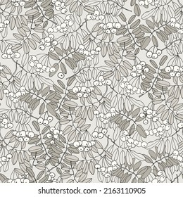 Seamless repeating pattern n Toile de Jouy style with rowan tree branches and ashberries. Vector illustration in beige colors on light-colored backgroud for surface design and other design projects