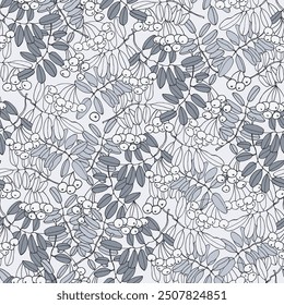 Seamless repeating pattern n Toile de Jouy style with rowan tree branches and ashberries. Vector illustration in blue colors on light-colored backgroud for surface design and other design projects