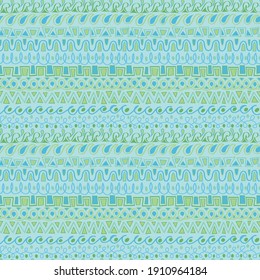 Seamless repeating pattern. Naive, handdrawn borders in light blue and green. Intricate and detailed,  but simple shapes and borders of waves, squares and triangles