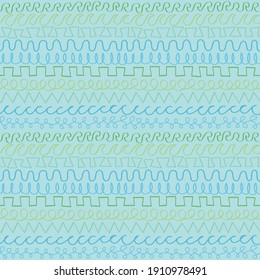 Seamless repeating pattern. Naive, handdrawn borders in light blue and green. Simple shapes or borders of waves, squares and triangles.