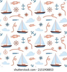 Seamless repeating pattern nautical, yacht, ropes and clouds, navigation. Vector objects in cartoon style