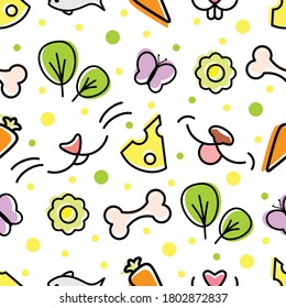 Seamless repeating pattern nice animal noses and tasty food for printing at textile, fabric, paper, cover, wallpaper, package