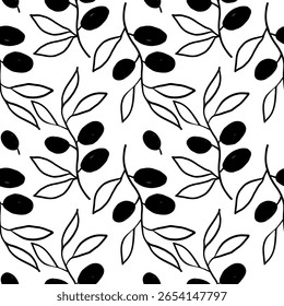 Padrão repetitivo contínuo com ramos de azeitona, motivo floral. Ornamento texturizado monocromático com azeitona. Padrão para têxtil, papel de embrulho, design de embalagem, banner. Ilustração de alimento vetorial
