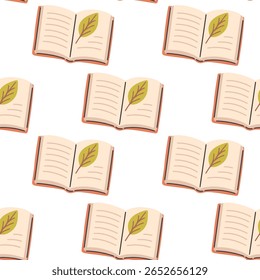 Seamless repeating pattern of open books with leaf on white background. Great for backdrops, study themes, reading illustrations, or fabric design