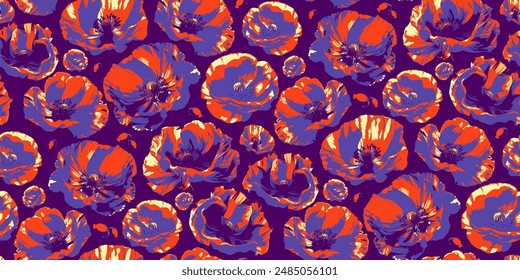 Seamless repeating pattern of orange and purple poppies. Flower heads with delicate petals. Half drop print.
