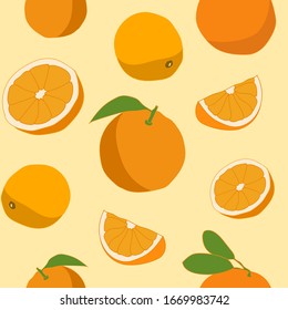 Seamless repeating pattern of  oranges with leaves on white orange background