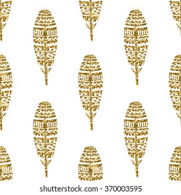 Seamless repeating pattern with ornate gold glitter feathers on cream background.