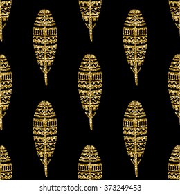 Seamless repeating pattern with ornate gold glitter feathers on black background.