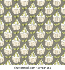 Seamless repeating pattern of painted colored doodles of cupcakes