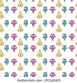 Seamless repeating pattern of painted Doodle colored owls. Funny cute cartoon characters.