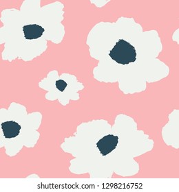 Seamless repeating pattern with painted flower blossoms in pastel pink, blue, navy and white. Hand drawn vector illustration, perfect for creating fabrics, greeting cards, wrapping paper, packaging.