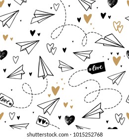Seamless repeating pattern with painted paper airplanes and hearts. Can be printed on textiles, wrapping paper, greeting card etc.