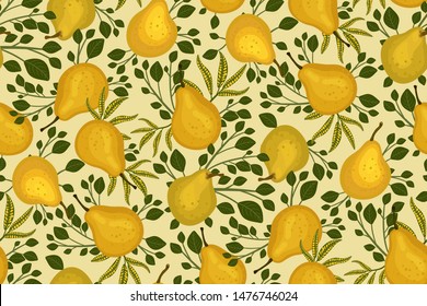 Seamless repeating pattern with painted yellow pears and leaves of trees. Fruit on a light background. Collection of floral prints. Modern vintage design. Vector illustration.