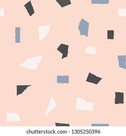 Seamless repeating pattern with paper cut shapes in pastel colors on pastel pink background. Playful and modern collage style poster, gift wrap, fabric design.