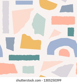 Seamless repeating pattern with paper cut shapes in pastel colors on cream background. Playful and modern collage style poster, gift wrap, fabric design.