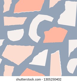 Seamless repeating pattern with paper cut shapes in pastel colors on light purple background. Playful and modern collage style poster, gift wrap, fabric design.