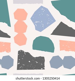 Seamless repeating pattern with paper cut shapes in pastel colors on cream background. Playful and modern collage style poster, gift wrap, fabric design.