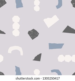 Seamless repeating pattern with paper cut shapes in pastel colors on light purple background. Playful and modern collage style poster, gift wrap, fabric design.